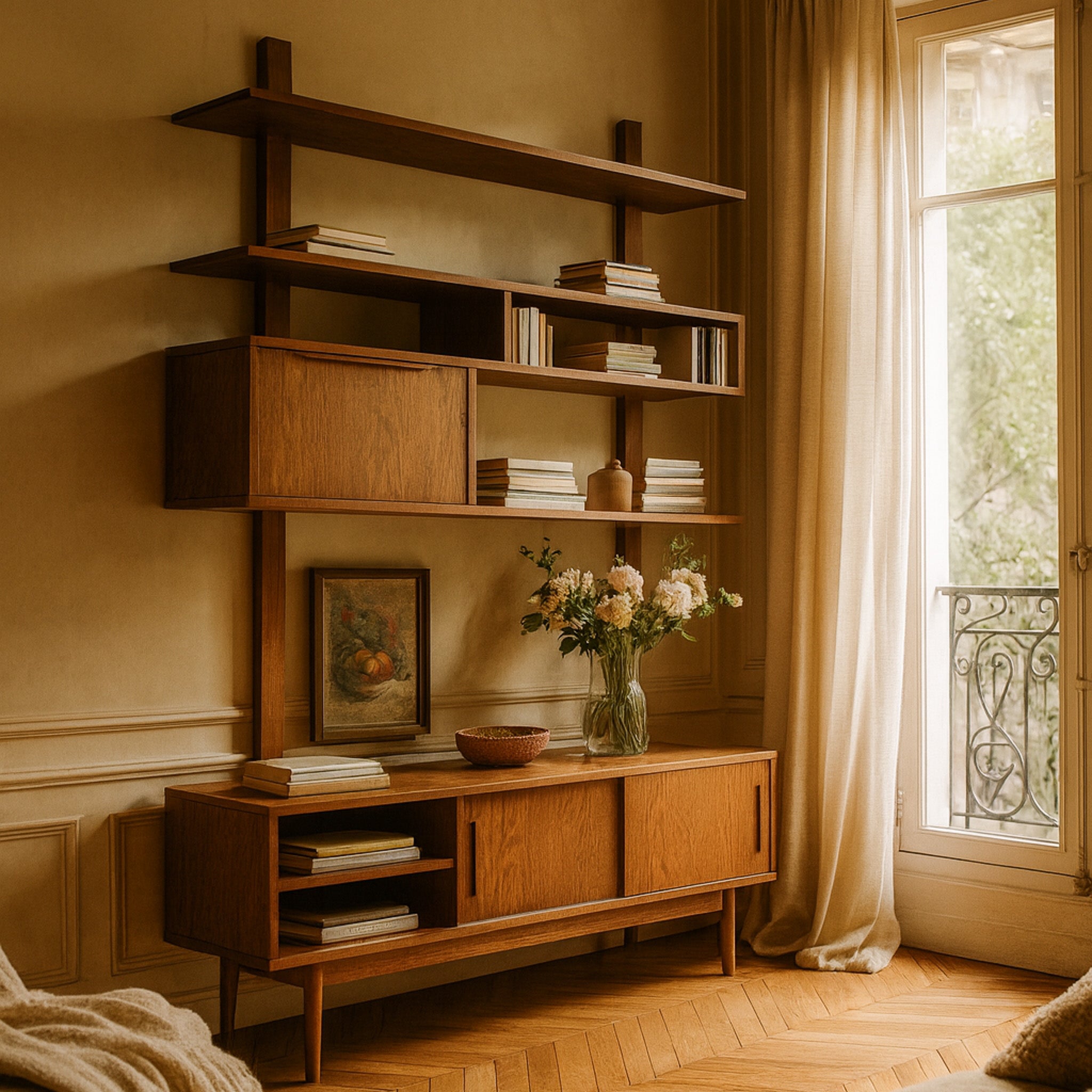 Wooden bookshelf and console table in a room with a large window and curtains.